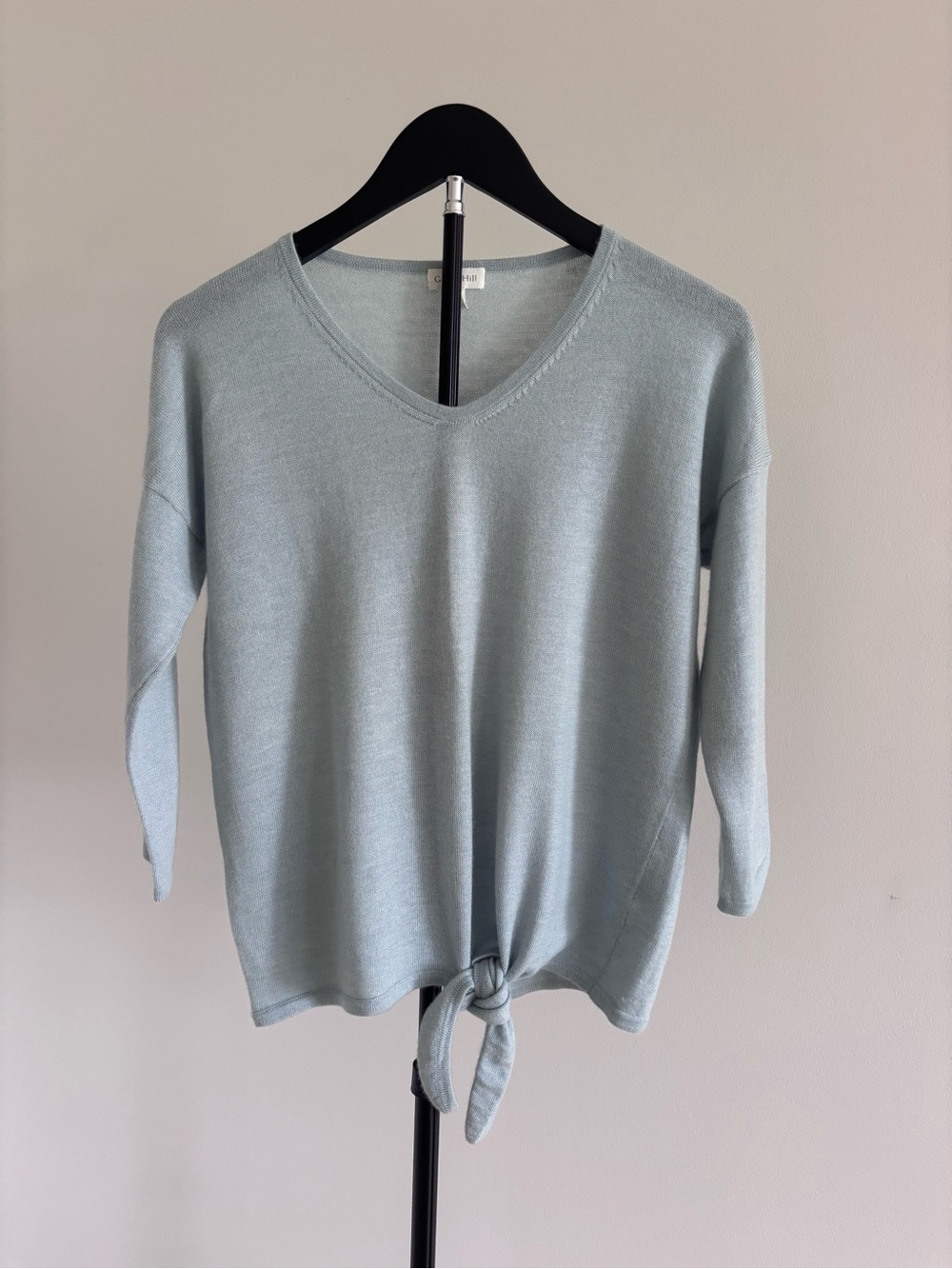 Garnet Hill Light Blue V-Neck Summer Weight Cashmere Sweater with Waist Tie | S